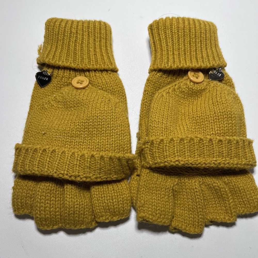 Mustard Yellow Knit‎ Pop-Top Mittens, Glittens Button Down Fingerless